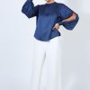 Elegant Silk Blouse With Split Sleeves In Ombre Blue