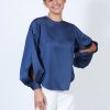 Elegant Silk Blouse With Split Sleeves In Ombre Blue